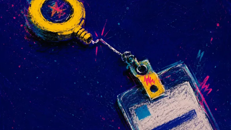The Tether Limit A work badge reel stretched to its stop with the cord kinked and the badge twisted sideways, echoing