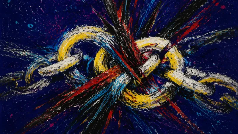 Choked Links An abstract chain tangled into a hard knot, representing golden-handcuff career paralysis, burnout,