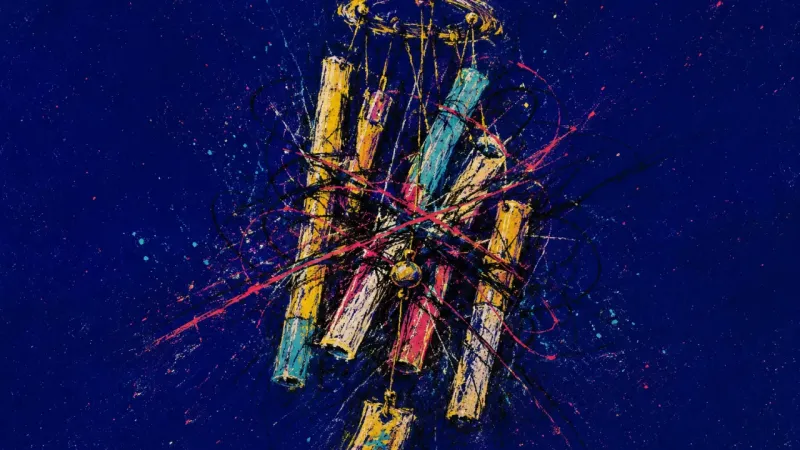 Choked Signal A wind chime tangled into a cramped knot, representing notification burnout, fractured focus, and pr