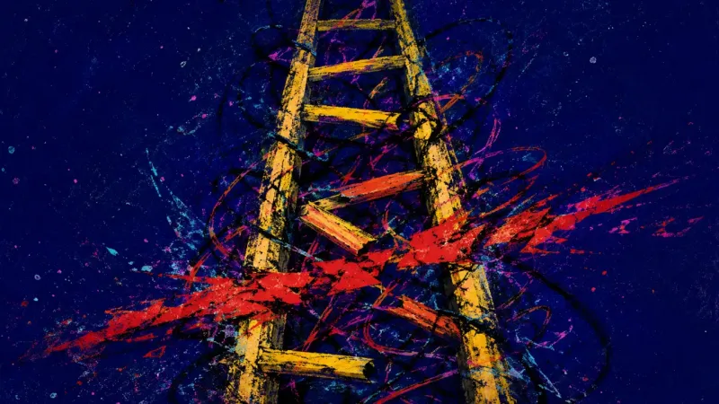Collapsed Ascent A warped ladder tangled into disorder, representing career comparison loops and pressure to prove w