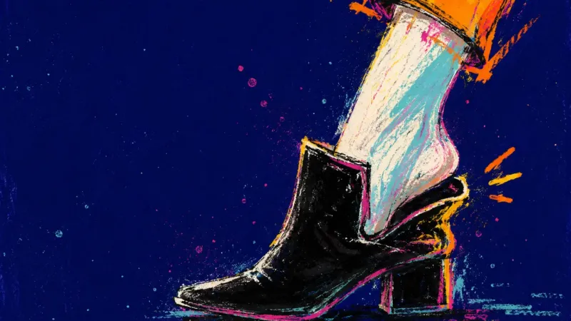 Collapsed Entrance An ankle boot heel folded flat under a rushed step, symbolizing the pressure to make payday feel too