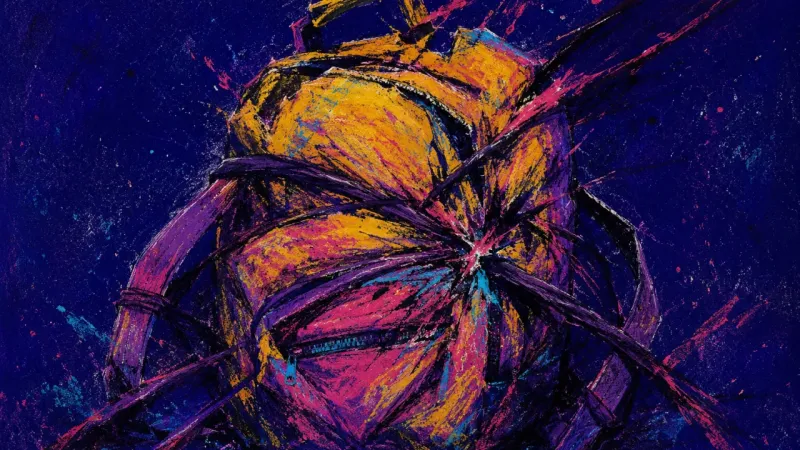 Borrowed Weight A warped backpack tangled in crushing lines, representing resentment, over-responsibility, and b