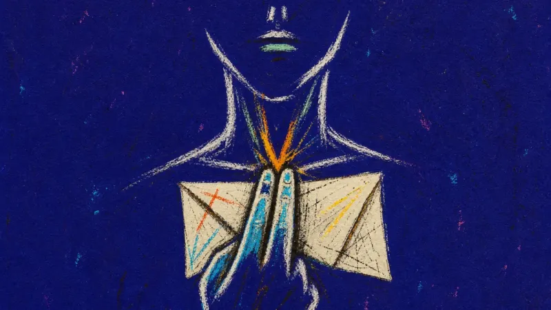 A folded note pinned to the chest while two fingers dig into the collarbone, symbolizing conflict hs