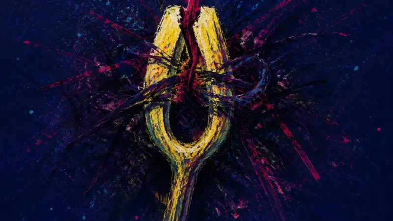A distorted tuning fork tangled in chaotic lines, symbolizing conflict shutdown, self-silencing, and