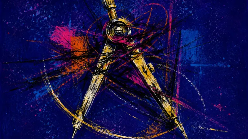 Broken Arc A distorted drafting compass trapped in chaotic lines, representing overthinking and workplace anxi