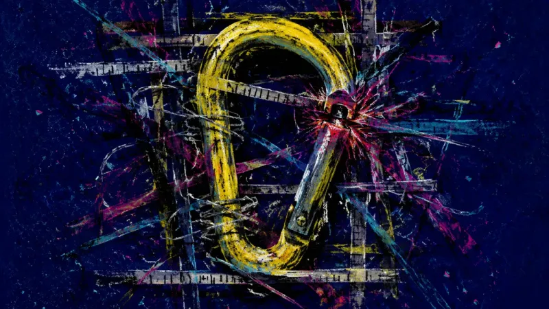 Misaligned Gate A warped carabiner tangled in chaotic lines, evoking relationship paralysis, fear of the wrong