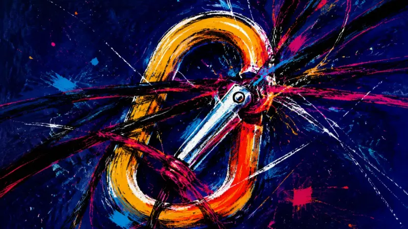 Jammed Gate A warped carabiner tangled in harsh lines, showing the stress of divided attention and unclear bound