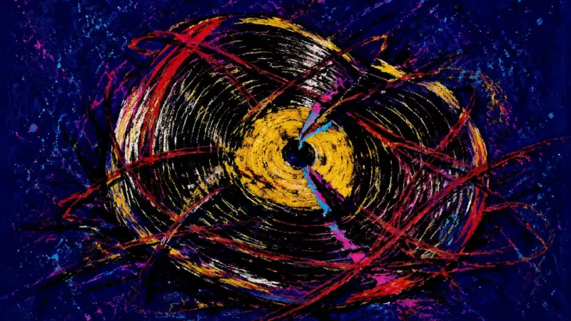Warped Playback A distorted phonograph record tangled in broken circular marks, representing rumination, grief, and