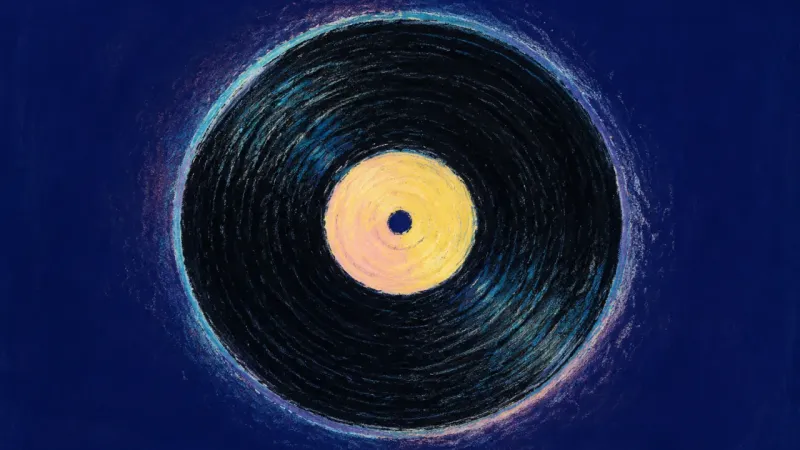 Grooves Realigned A restored phonograph record with even grooves and a clear center, representing emotional integrati[