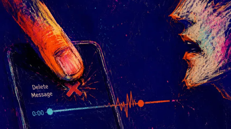 A thumb deletes a new voicemail recording before the first second ends, reflecting the shame loop of