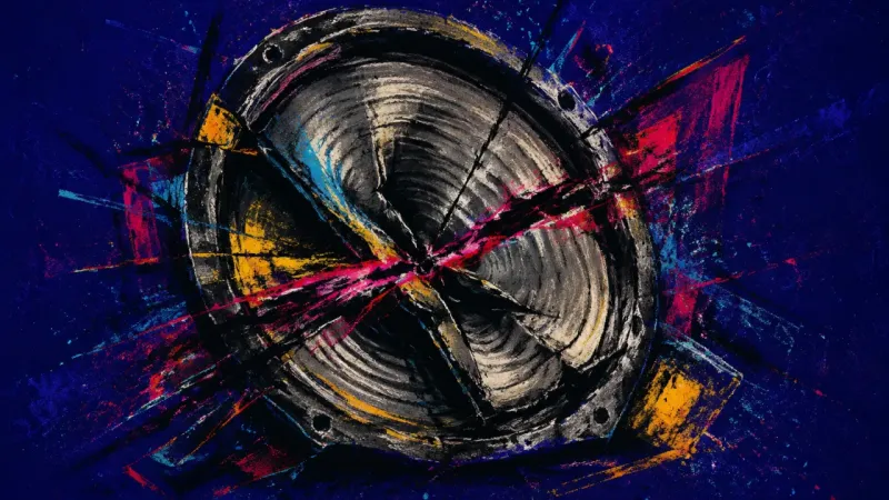 A speaker cone collapsed inward and trapped in harsh marks, representing hyper-self-monitoring and f