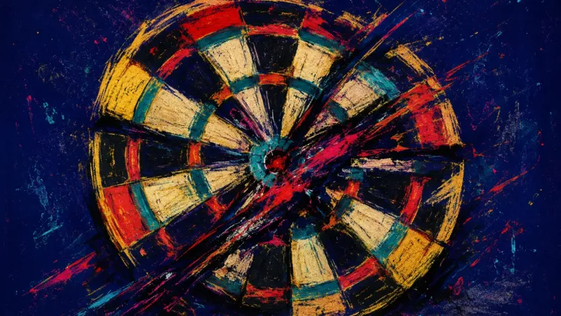 A warped dartboard cut by crossing marks, expressing humiliation, defensiveness, and the pressure of