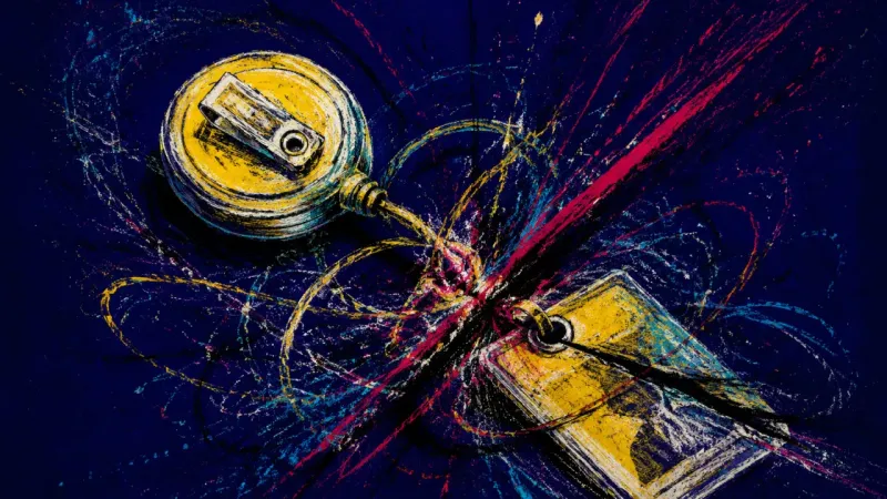 A badge reel stretched into tangled loops, representing career decision paralysis and pressure to ma