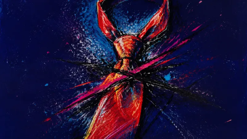 Knotted Composure An abstract necktie cinched into a choking knot and slashed by chaotic lines, representing humili