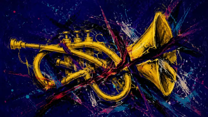 A twisted trumpet trapped in chaotic marks, representing oral-exam anxiety, self-judgment, and