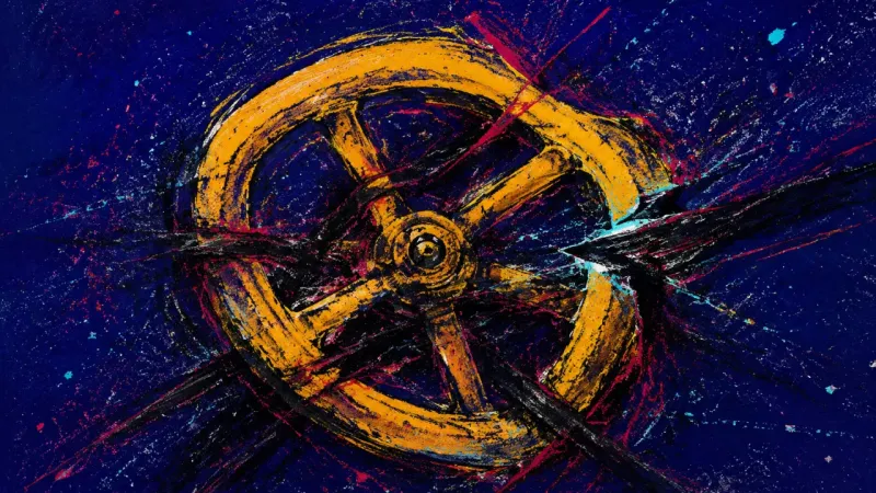 Cranked Too Tight A warped valve wheel tangled in chaotic marks, representing the pressure of proving trust through c