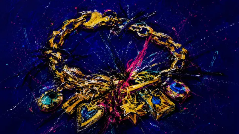 Knotted Proof A charm bracelet crushed into a tight tangle, representing rejection anxiety, compulsive checking,