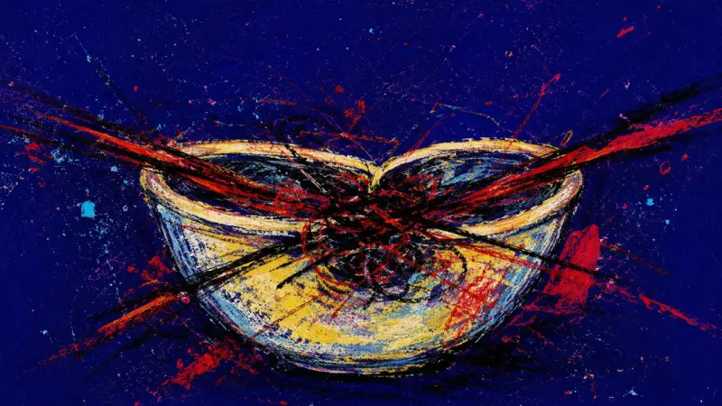 Collapsed Rim A warped bowl bound by tangled lines, symbolizing the burnout of carrying both parents' emotions aft