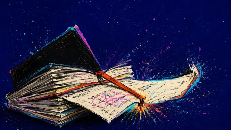 Bound Between Futures A sketchbook forced shut around budget pages, symbolizing paralysis between a creative path and long