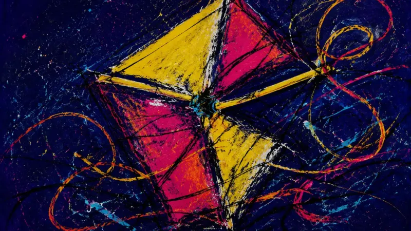 Snared Flight A tangled kite collapsing into itself, representing choice paralysis, overthinking, and fear of