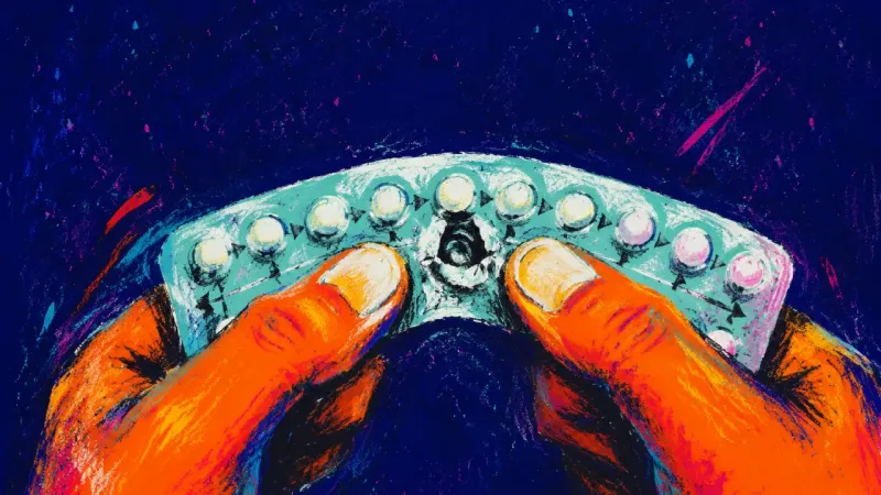 Deadline Under Thumbs A bent birth control pill pack with one tablet pocket pressed inward again and again, symbolizing a