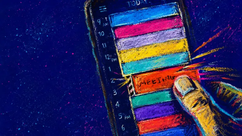 A phone calendar filled with meeting bars while one thumb drags another block into the last open gap