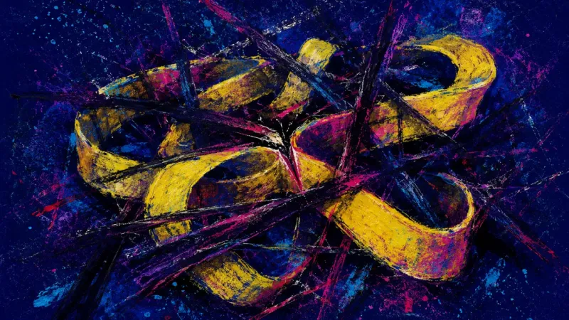 A ribbon tangled into relentless loops, representing guilt-driven overbooking, pressure, and a sched