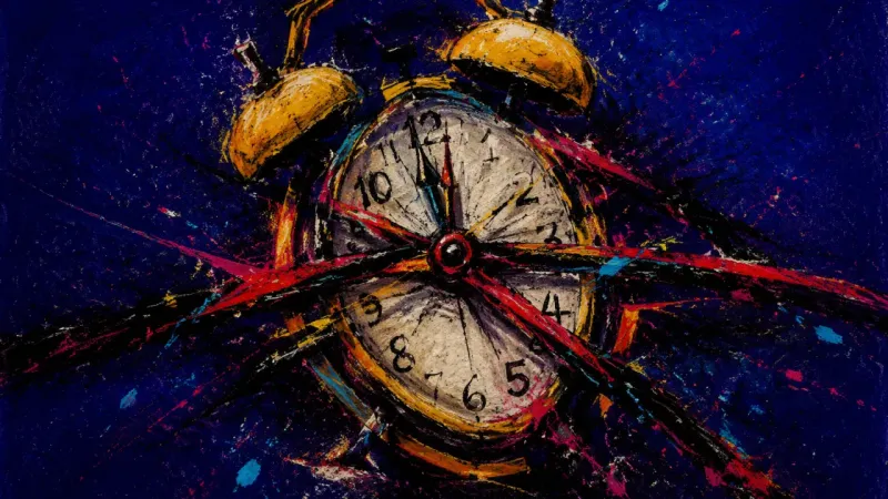 A warped alarm clock trapped in chaotic lines, representing sleepless vigilance and the pressure to