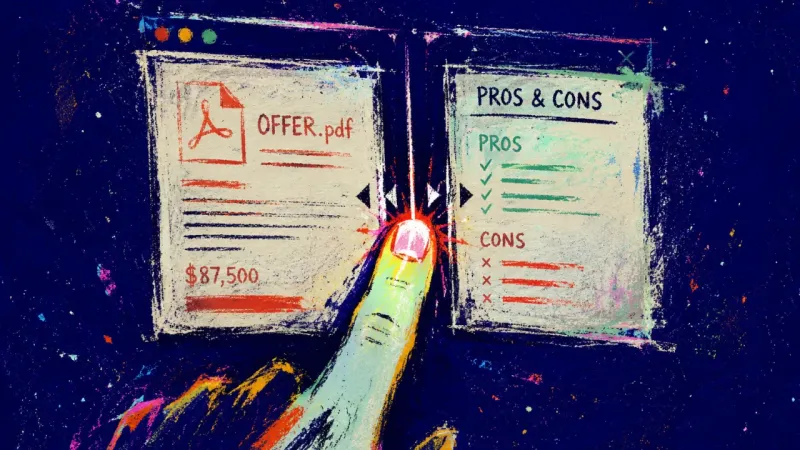 The Uncommitted Pane A finger nudges a split bar between an offer letter and a pros-and-cons sheet, capturing late-night,