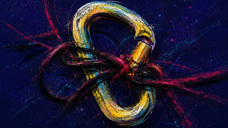 Jammed Gate A twisted carabiner trapped in dense looping marks, symbolizing career decision paralysis and fear
