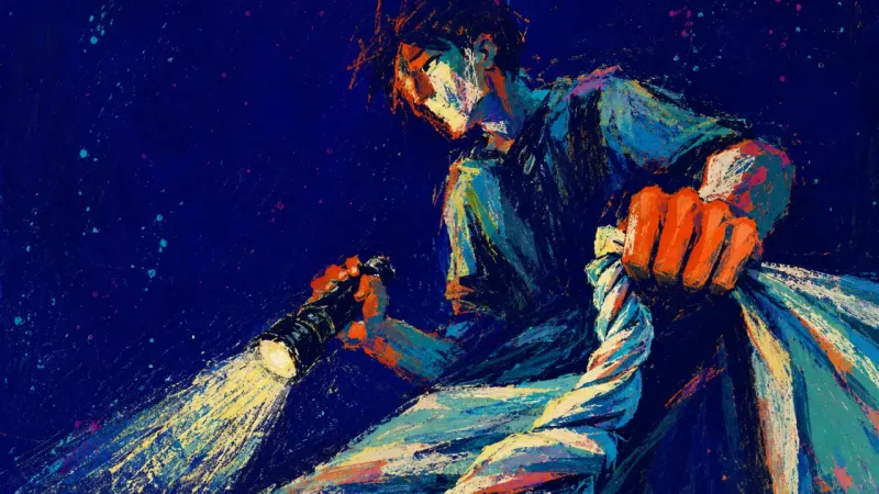 A half-risen torso grips a flashlight and twists a bedsheet tight, reflecting sound-trigger hypervig