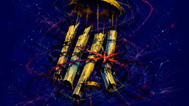 A wind chime crushed inward and tangled by harsh lines, representing sound-trigger hypervigilance an