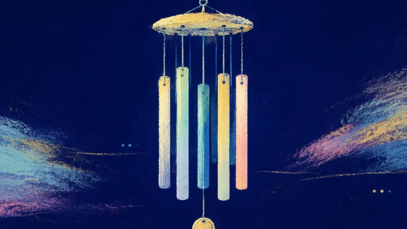 A wind chime restored to clean spacing and steady order, representing a calm response, self-trust,