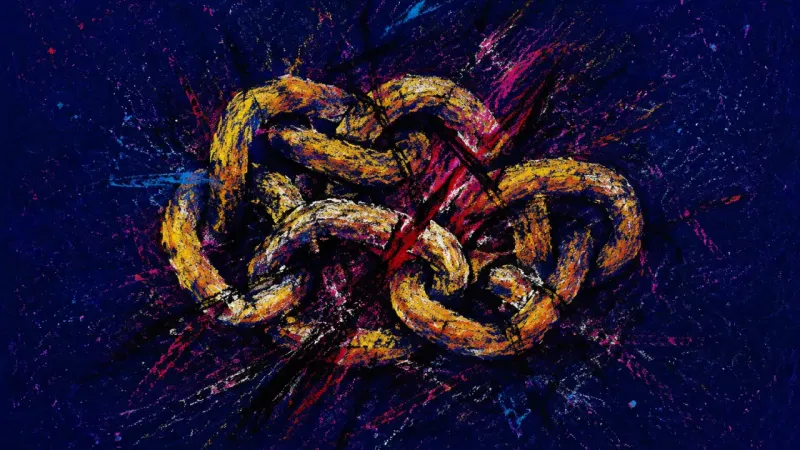 Bound by Proof An abstract chain tangled into a tight knot, representing compulsive checking and self-worth collap