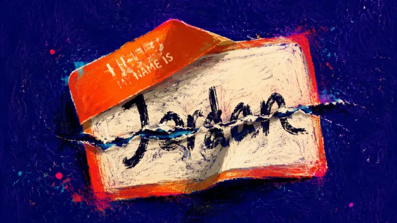 The Borrowed Name A handwritten name sticker peeled back over itself until the name splits, symbolizing identity fear,