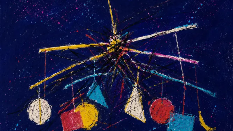 Off-Balance System A tangled hanging mobile pulled off balance, representing decision paralysis, frantic task switching