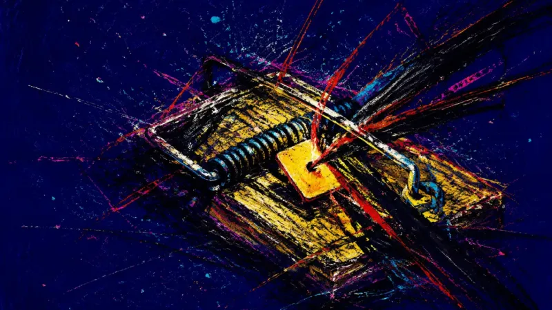 An abstract mousetrap crushed out of shape, symbolizing the reflex to delay love out of fear of