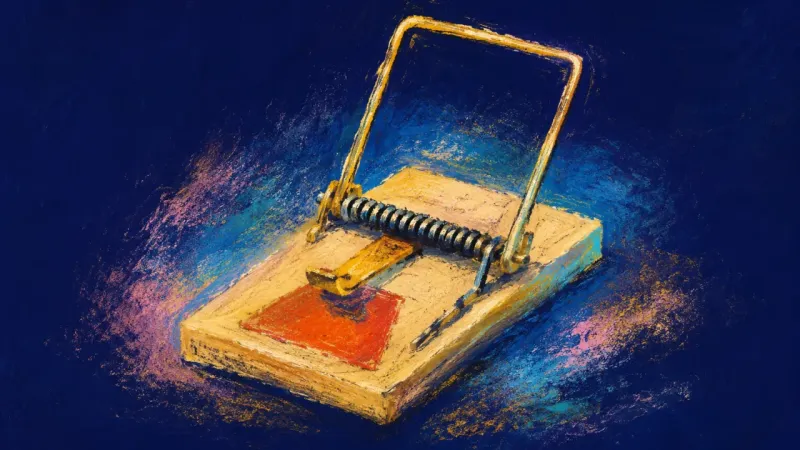 An abstract mousetrap restored to open balance, symbolizing love answered with honest pacing, self-