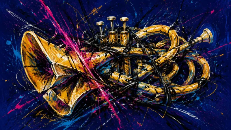 A warped trumpet crushed by chaotic force, expressing rejection-driven perfectionism and the fearhat