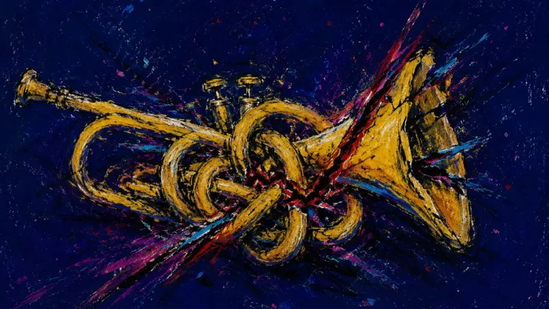 Choked Signal A warped trumpet tangled in chaotic marks, representing nostalgia-driven rumination and the pressure
