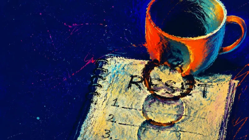 The Reset Loop A coffee mug repeatedly stamped over a notebook page titled Reset, reflecting rent-day overplanning,
