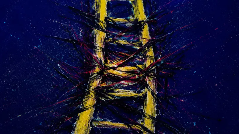 Collapsed Steps An abstract visual of feedback anxiety turning a revision path into a cramped, tangled structure of