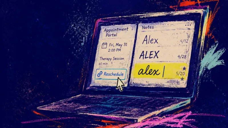 A laptop shows a reschedule page and a note where the same chosen name is typed three times, echoing