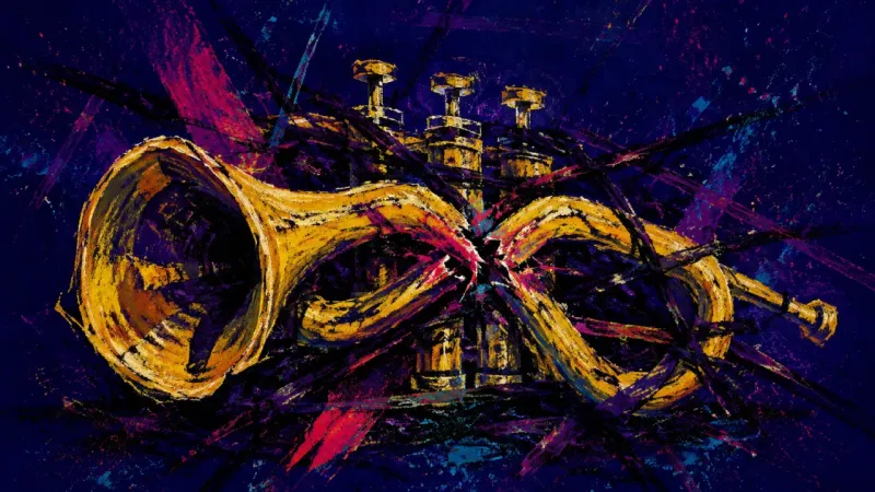 A warped trumpet trapped in frantic lines, expressing name-change decision paralysis and fear of a