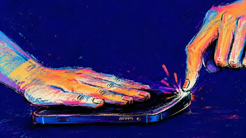 Reply Vigil A hand pins a phone face-down while another finger keeps lifting one corner to check for replies, ev