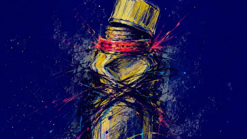 Cross-Threaded Care A distorted thermos trapped in tangled marks, representing over-functioning, emotional pressure, and