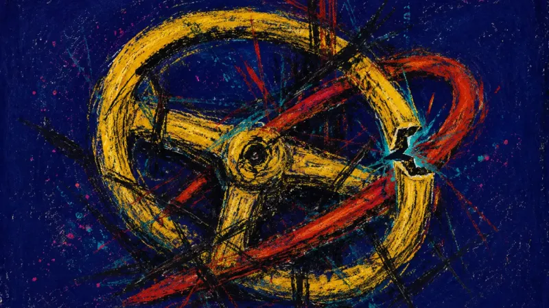 Seized Course A warped steering wheel cut by competing lines, representing code review boundaries collapsing under