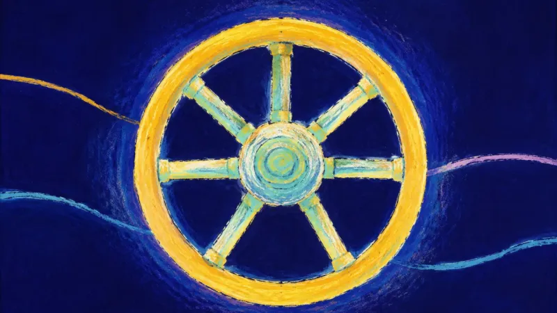 Centered Course A centered steering wheel with balanced spokes, representing clear code review boundaries, shared st