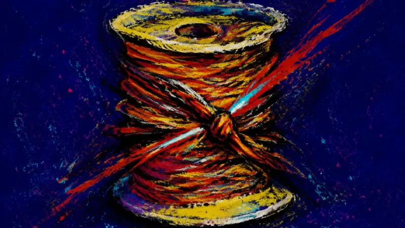 Choked in Loops A spool twisted into a tight snarl, representing deadline-driven decision paralysis and the fear t