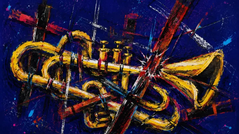 Trial by Silence An abstract trumpet bent into a suffocating knot, representing self-censorship, fear of judgment, an